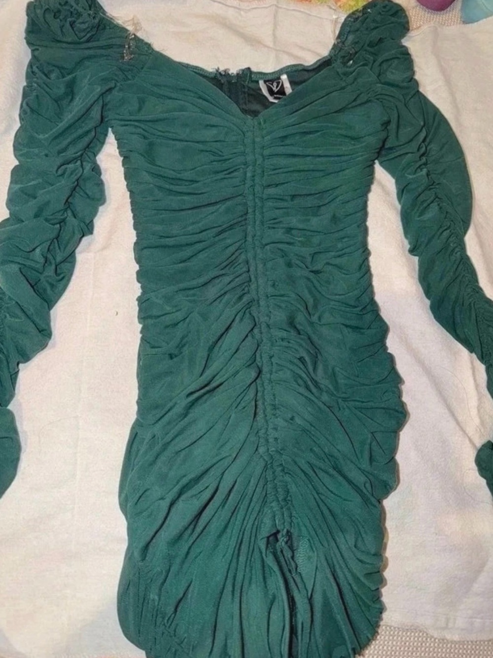 Windsor Emerald Green Ruched Long-Sleeve Mini Dress